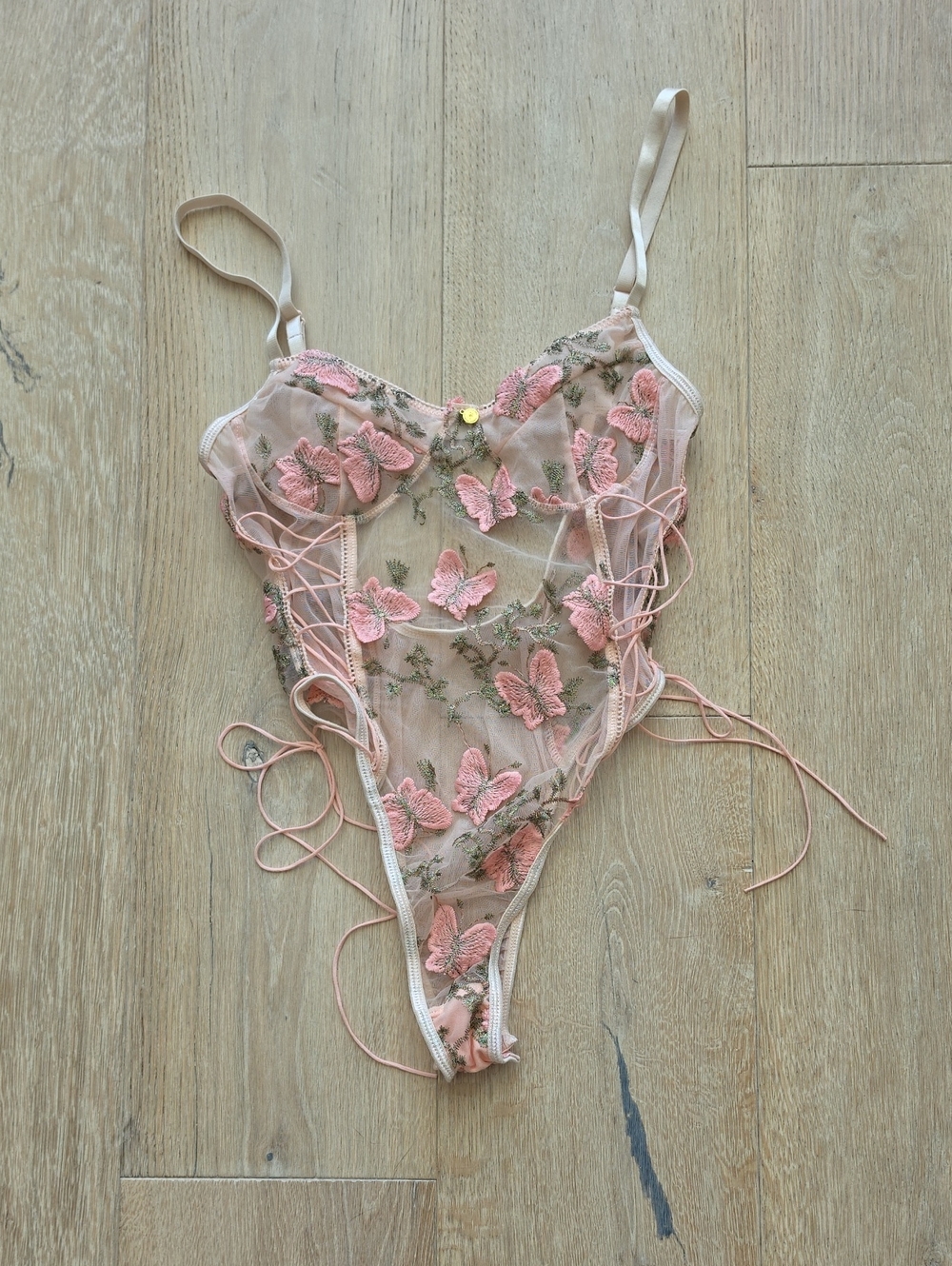 Aurelia Pink Butterfly Embroidered Sheer Lace Bodysuit
